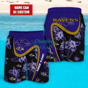 Baltimore Ravens NFL Floral Hawaiian Shirt And Beach Shorts Custom Name For Fans Product Photo 2