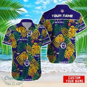 Baltimore Ravens NFL Logo And Leaf Pattern Hawaiian Shirt Custom Name For Fans Product Photo 1