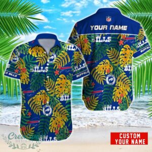 Buffalo Bills NFL Logo And Leaf Pattern Hawaiian Shirt Custom Name For Fans Product Photo 1