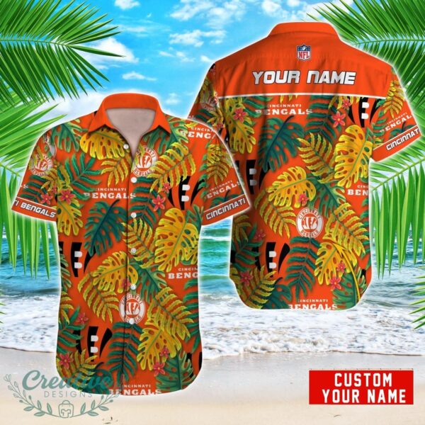 Cincinnati Bengals NFL Logo And Leaf Pattern Hawaiian Shirt Custom Name For Fans Product Photo 1