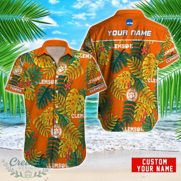 Clemson Tigers NCAA1 Logo And Leaf Pattern Hawaiian Shirt Custom Name For Fans Product Photo 1