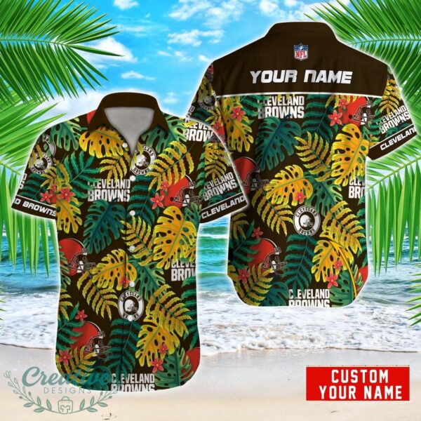 Cleveland Browns NFL Logo And Leaf Pattern Hawaiian Shirt Custom Name For Fans Product Photo 1