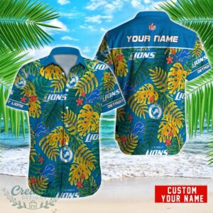 Detroit Lions NFL Logo And Leaf Pattern Hawaiian Shirt Custom Name For Fans Product Photo 1