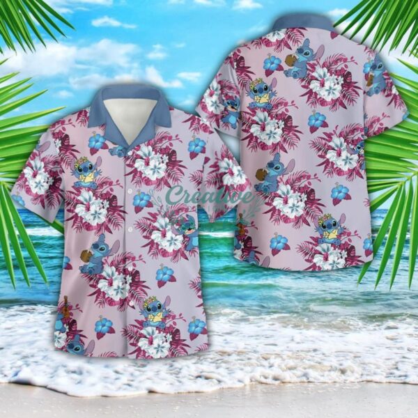 Disney Lilo And Stitch Pink And Blue Pastel 3D Button Hawaiian Shirt Men And Women Aloha Summer Beach Gift Product Photo 1