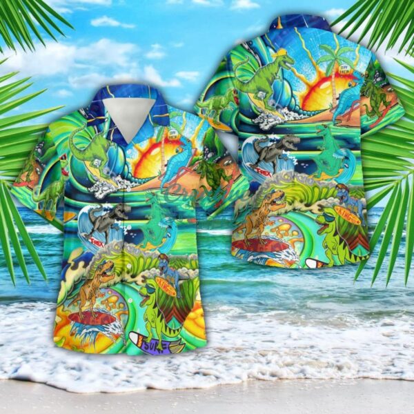 Funny T Rex Dinosaur Surfing On The Summer Beach 3D Button Hawaiian Shirt Men And Women Aloha Summer Beach Gift Product Photo 1