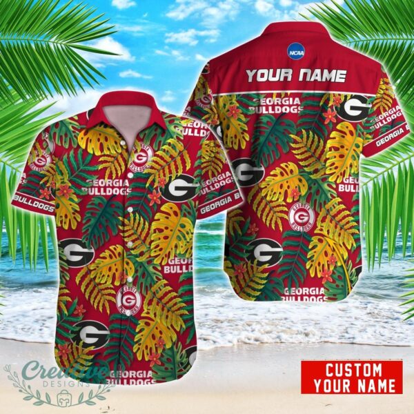 Georgia Bulldogs NCAA1 Logo And Leaf Pattern Hawaiian Shirt Custom Name For Fans Product Photo 1