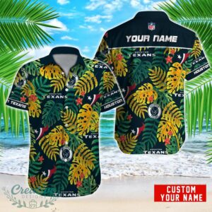 Houston Texans NFL Logo And Leaf Pattern Hawaiian Shirt Custom Name For Fans Product Photo 1