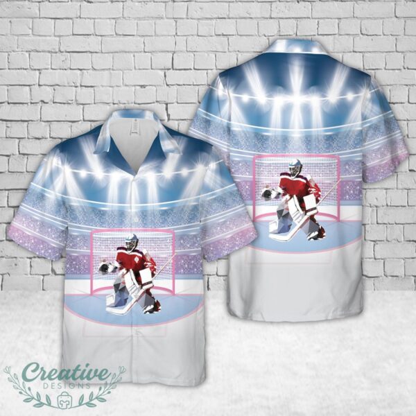 Ice hockey goalie with Spotlights and Red Goal Hawaiian Shirt Product Photo 1