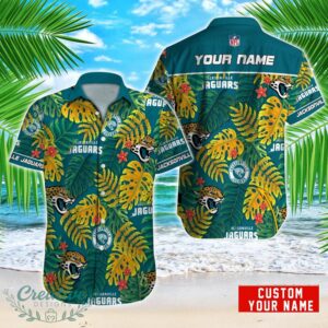 Jacksonville Jaguars NFL Logo And Leaf Pattern Hawaiian Shirt Custom Name For Fans Product Photo 1