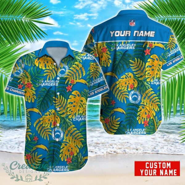 Los Angeles Chargers NFL Logo And Leaf Pattern Hawaiian Shirt Custom Name For Fans Product Photo 1