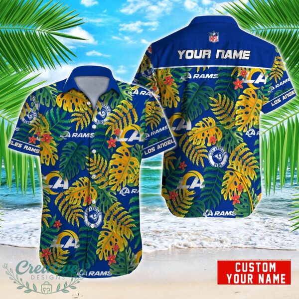 Los Angeles Rams NFL Logo And Leaf Pattern Hawaiian Shirt Custom Name For Fans Product Photo 1