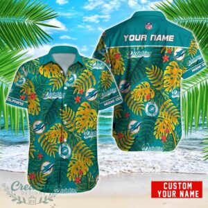 Miami Dolphins NFL Logo And Leaf Pattern Hawaiian Shirt Custom Name For Fans Product Photo 1