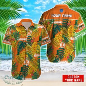 Miami Hurricanes NCAA1 Logo And Leaf Pattern Hawaiian Shirt Custom Name For Fans Product Photo 1