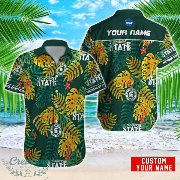 Michigan State Spartans NCAA1 Logo And Leaf Pattern Hawaiian Shirt Custom Name For Fans Product Photo 1