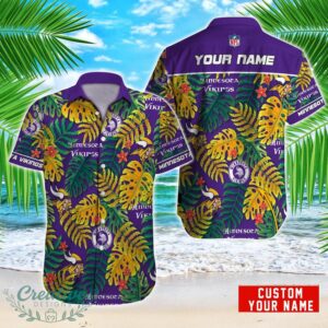 Minnesota Vikings NFL Logo And Leaf Pattern Hawaiian Shirt Custom Name For Fans Product Photo 1