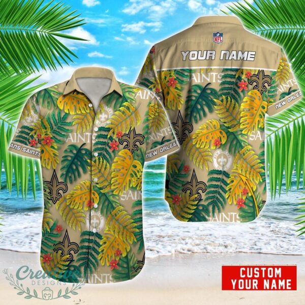 New Orleans Saints NFL Logo And Leaf Pattern Hawaiian Shirt Custom Name For Fans Product Photo 1