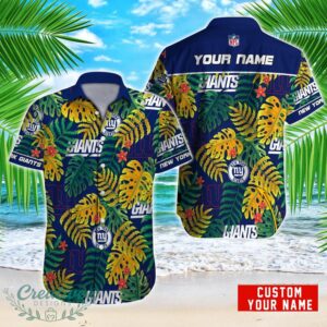 New York Giants NFL Logo And Leaf Pattern Hawaiian Shirt Custom Name For Fans Product Photo 1