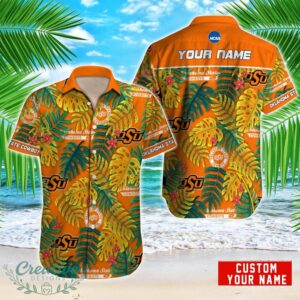 Oklahoma State Cowboys NCAA1 Logo And Leaf Pattern Hawaiian Shirt Custom Name For Fans Product Photo 1