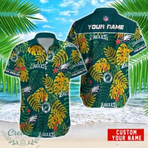 Philadelphia Eagles NFL Logo And Leaf Pattern Hawaiian Shirt Custom Name For Fans Product Photo 1