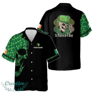 Custom Name Skeleton Irish Flag Clover Pattern Black Hawaiian Shirt Product Photo 1