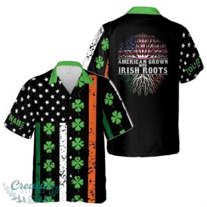 Customize Name American Grown With Irish Roots Clover Pattern Black Hawaiian Shirt Product Photo 1