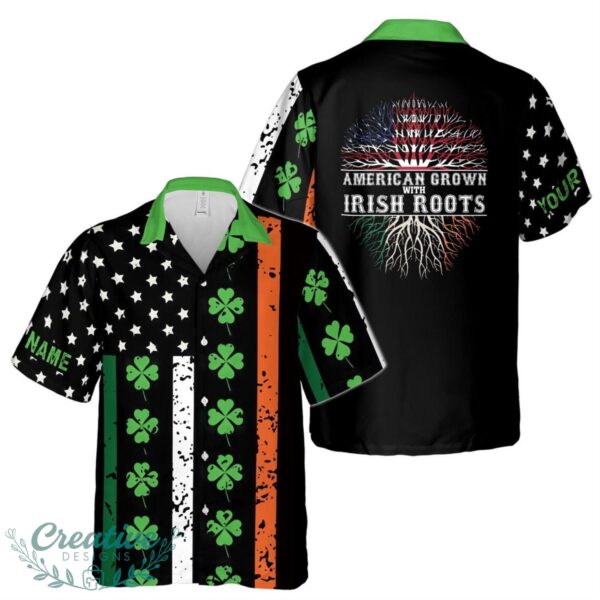 Customize Name American Grown With Irish Roots Clover Pattern Black Hawaiian Shirt Product Photo 1