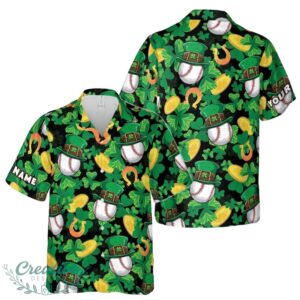 Customize Name Baseball Lucky Irish Cap Four Leaf Clover Black Hawaiian Shirt Product Photo 1