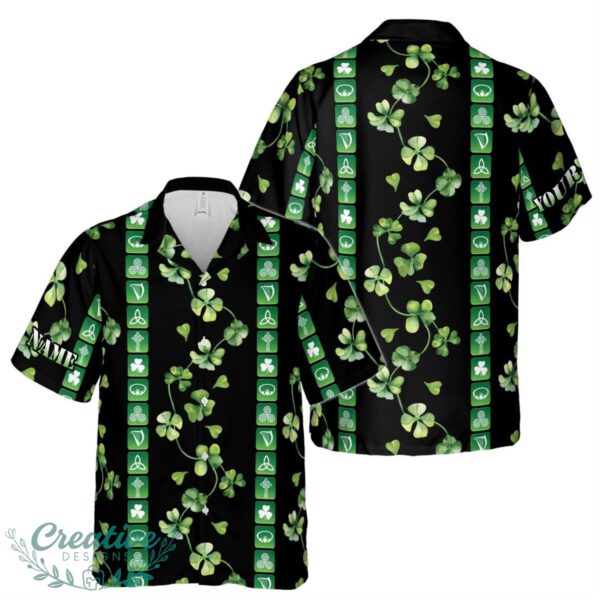 Customize Name Irish Culture Iconography Clover Pattern Black Hawaiian Shirt Product Photo 1