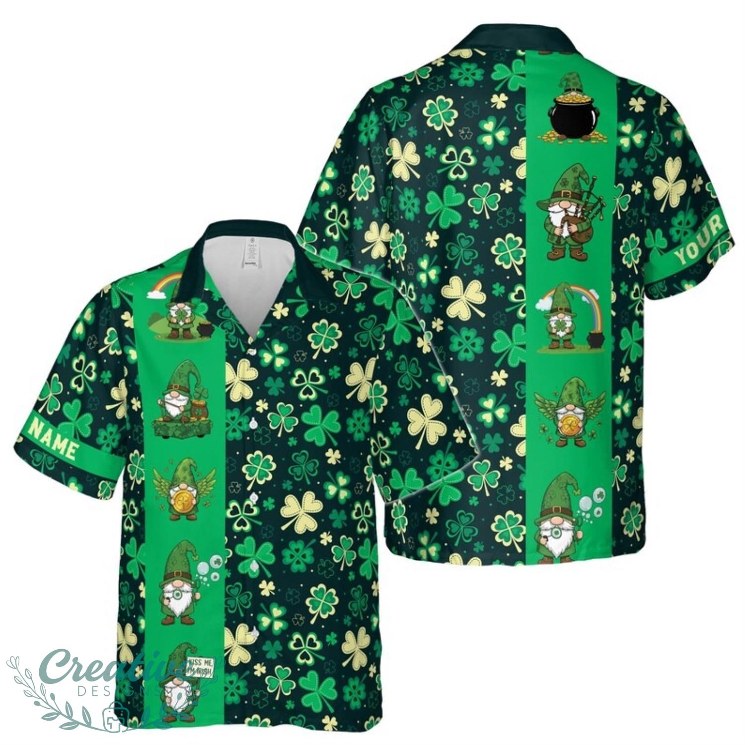 Customize Name Lucky Leprechaun Shamrock Clover Pattern Green Black Hawaiian Shirt Product Photo 1