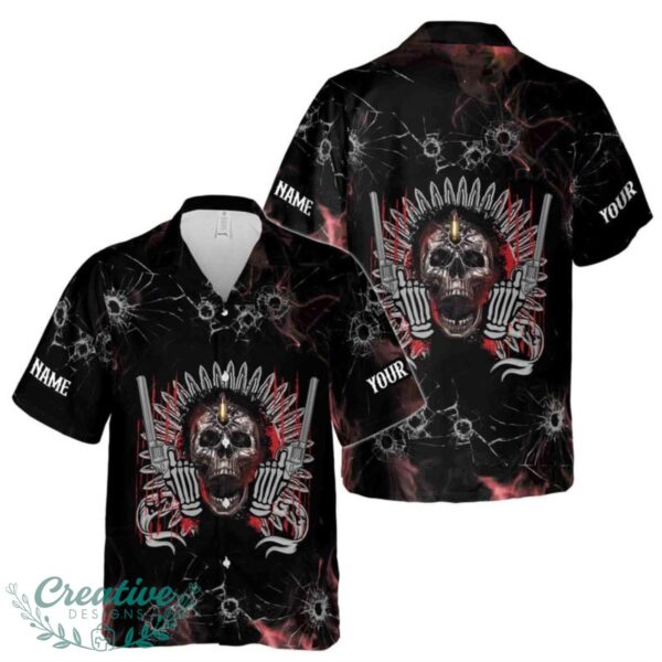 Customize Name Skull With Gun Bullet Holes Crack Pattern Black Hawaiian Shirt Product Photo 1