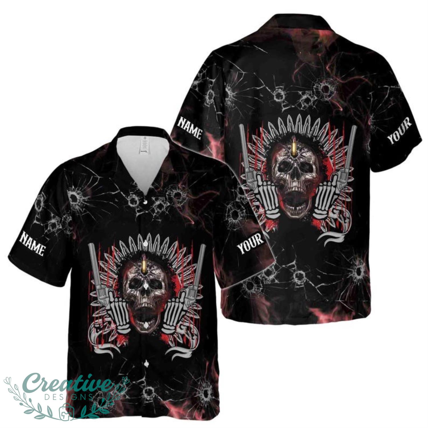 Customize Name Skull With Gun Bullet Holes Crack Pattern Black Hawaiian Shirt Product Photo 1